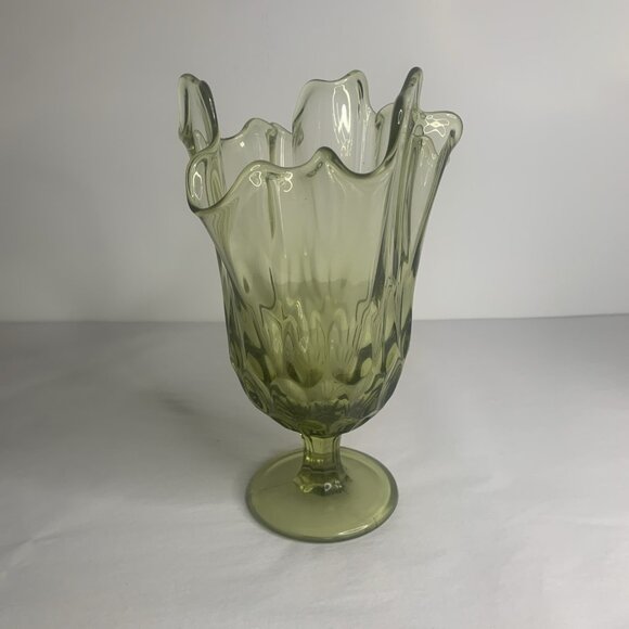 Glass Flower Vase Green Flowers Folded Pinched Top Stretched Glass 9 3/4" Tall - Picture 1 of 4